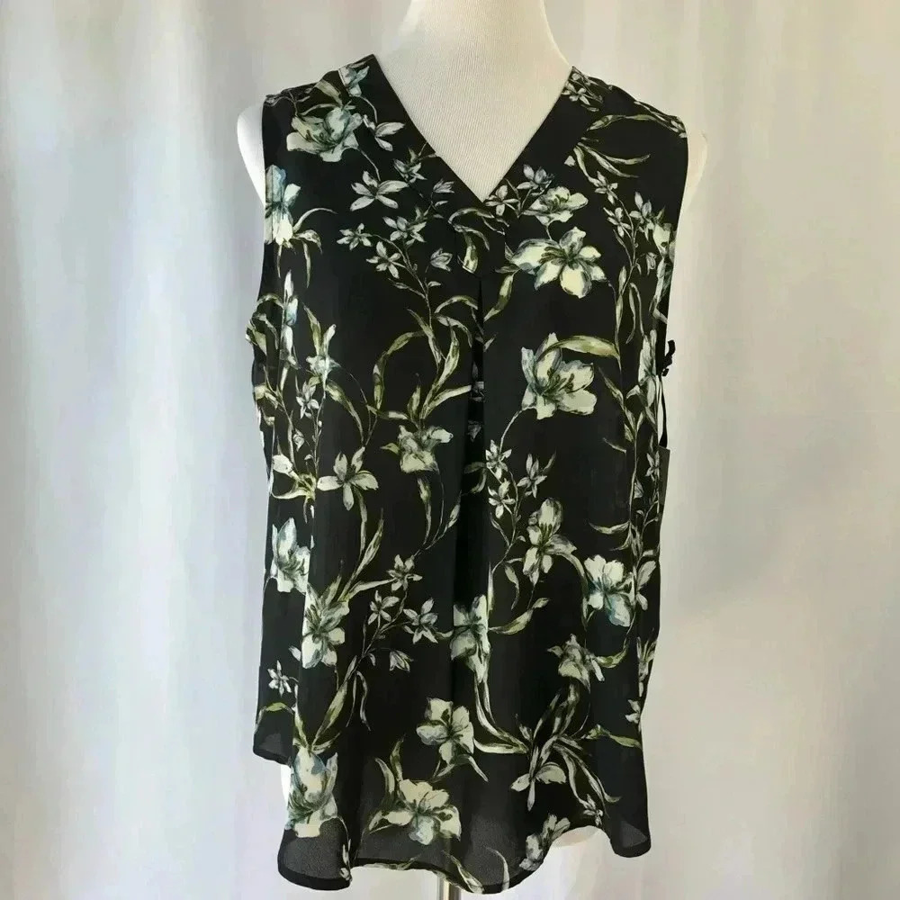 Emaline Blouse Women PL Black Floral Sleeveless V-Neck Pleated High-Low NWT